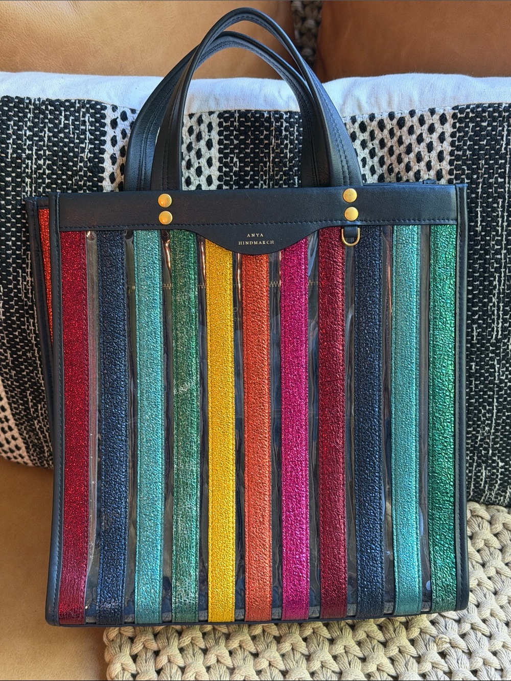 Anya Hindmarch Rainbow Metallic Stripe PVC Tote Bag